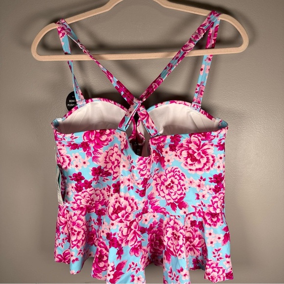Torrid Peplum Tankini Top Size 2X Pink Blue Floral Swimwear Beach Push-up Pads - Picture 4 of 11